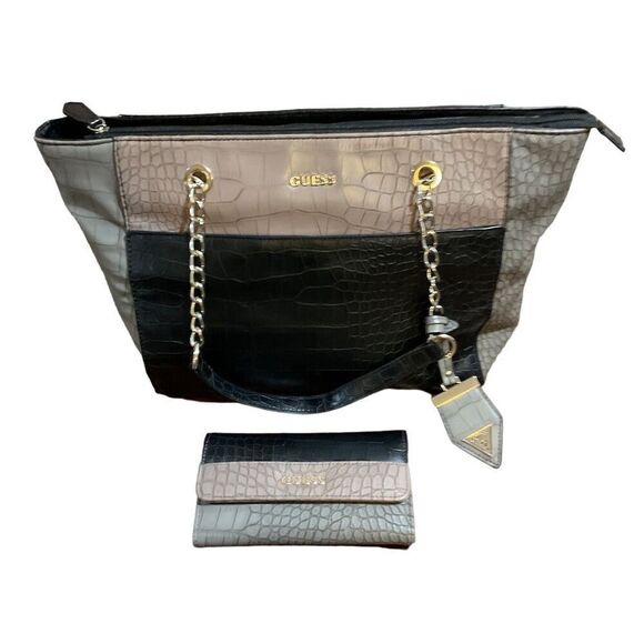 Guess Shoulder Tote Bag & Wallet Set Color Block Croc Print Chain Accent Black​​ - Picture 1 of 16
